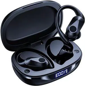 Wireless Earbuds, 90H Playtime Bluetooth Headphones, Noise Cancelling Call Headphones, Over Ear Buds with LED Display Wireless Charging Case, Stereo Bass IPX7 Waterproof Sport Earphones, Black