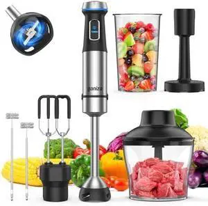 Immersion Blender Handheld, 6 in 1 Hand Blender Stainless Steel Blade, 15 Speed Stick Blenders Electric, 800ml Mixing Beaker, 600ml Chopper, Whisk, Frother, Potato Masher