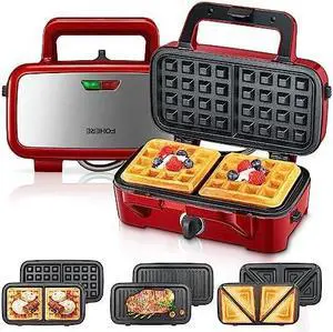 Waffle Maker 3 in 1 Sandwich Maker 1200W Panini Press With Removable Plates and 5-gear Temperature Control, Non-stick Coating Easy to Clean,Indicator Lights, Red