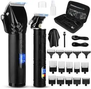 2-in-1 Cordless Hair Clipper and Trimmer Set, 15 Combs (1-25mm), LED Power Display, USB Fast Charge, Storage Case, Ultra-Quiet for Men, Women, Kids