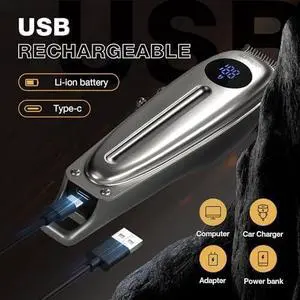 Professional Rechargeable Hair Clipper-Hair Clippers for Men, Cordless Hair Cutting Kit with LED Display (Silver)