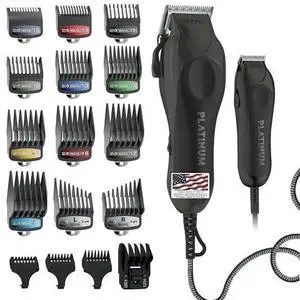 USA Pro Series Platinum Corded Clipper & Corded Trimmer for Home Haircutting with Color Coded Guide Combs  Model 79804-100