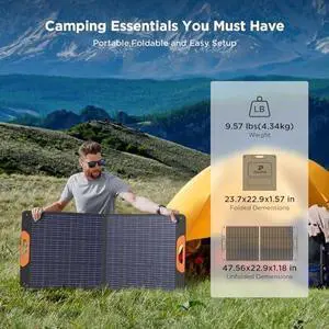 100W Portable Solar Panel,Camping Essentials,100 watt 20V Foldable Solar Charger for Power Station,QC3.0 USB-A &Type-C Output,23.5% High Efficiency IP67 Waterproof for Camping RV Blackout