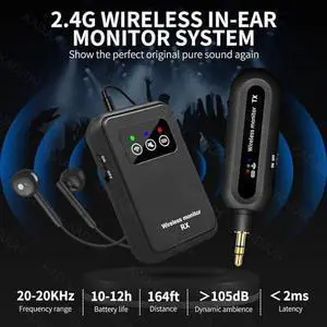 Wireless in-Ear Monitor System 2.4G Wireless IEM System Stage Monitor with 90° Rotate Transmitter Beltpack Receiver Automatic Pairing, 164ft for Studio, Band, Live Performance