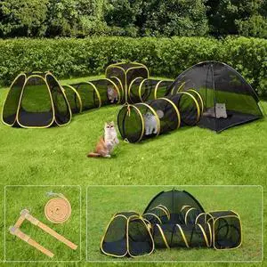 6-in-1 Outdoor Cat Enclosure with Playhouse, 2 Tents & 3 Tunnels - Portable Cat Playground with Leash and Mint Ball for Indoor/Outdoor Use, Yard Balcony Camping Safety