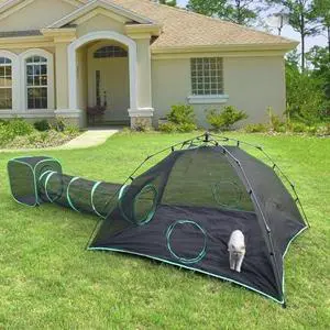 Cat Tents for Outside, Green Outdoor Cat Enclosures, Foldable Pet Playpen with Tunnels for Outside, Portable 4-in-1 Catio Including 2 Tents and 2 Tunnels