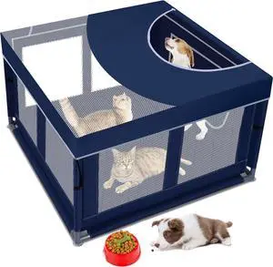Playpen with Play Pen Cover for Cat Indoor, 42x42 x25.5 Puppy Playpen for Small Pet with See-Through Topper Proof Enclosed Door Dog Pen, Sturdy Warm Protable Play Pen for Cat
