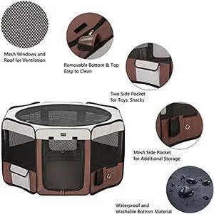 Dog Playpen 36" Portable Pet Play Pens for Small Dog/Cat/Rabbit/Chicks, Foldable Exercise Kennel Tent Crate Indoor/Outdoor Travel Camping, Removable Top/Bottom (Brown, Medium (36"x36"x20"), 8)