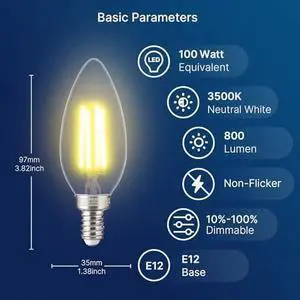 100W Equivalent Candelabra LED Bulbs 5000K Daylight, Dimmable LED Chandelier Light Bulbs for Dining Room, Living Room, Porch, 800LM, E12 Base, 24 Pack UL,CA65 Listed.