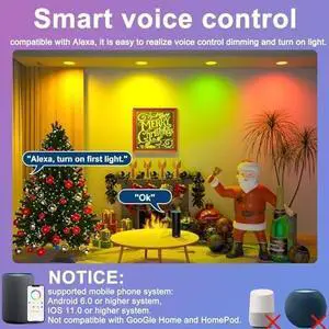 Smart Recessed Lighting 6 Inch RGBCW Color Changing 16W LED Downlight with Junction Box,1350 Lumen Recessed Ceiling Light Compatible with Alexa,Dimmable by Bluetooth Control -6Pack