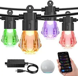 48FT Smart Outdoor String Lights - RGBCWIC Dimmable Acrylic Bulbs, Color Changing LED Patio Lights APP WiFi Control, Compatible with Alexa, IP65 Waterproof Outside Lights for Yard Porch
