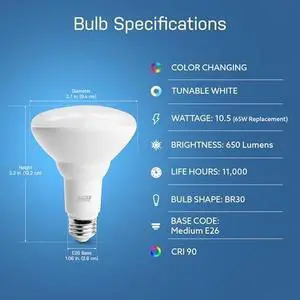 Electric BR30 Smart LED Light Bulbs, 65W Equivalent, Dimmable, Color Changing, Tunable White, 650 Lumens, 2.4GHz Wi-Fi, Alexa/Google Home Enabled Track Lighting, BR30/RGBW/CA/AG/RP/6, 6 Pack