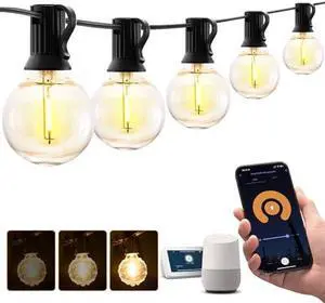 Outdoor String Lights, Smart Patio Lights 100Ft Dimmable Outdoor Lights Warm White, 50 G40 LED Bulbs, WiFi String Lights for Outside, Work with Alexa, APP Control, Waterproof Extendable