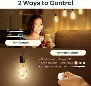 Smart Edison Bulbs, 2700K-6500K Tunable WiFi Edison Bulbs with Remote Control, 8W 60W Equivalent Dimmable ST19(ST58) Vintage Light Bulbs 800lm, Compatible with Alexa & Google Home, 6-Pack