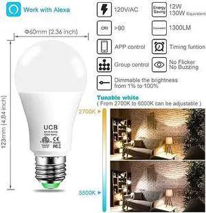 Light Bulb 1300LM, 12W Smart Light Bulbs Warm White to Daylight Tunable, A19 E26 Bluetooth LED Bulbs for Bedroom Kitchen Living Room Office12 Pack