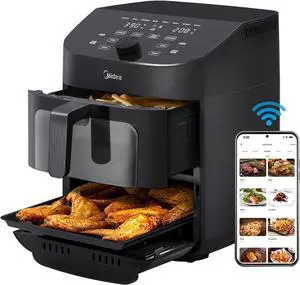Dual Basket Air Fryer Oven 11 Quart 8 in 1 Functions, Clear Window, Smart Sync Finish, Works with Alexa, Wi-Fi Connectivity, 50+ App Recipes for family meals, Bake, Roast, Grill, Broil, Toast