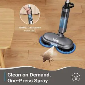 Electric Mop, Floor Scrubber Electric Spin with LED Headlight, Rechargeable Dust Cordless Dual-Motor, Spray Mop for Hardwood Floor, Clean up to 2350 ft², 46dB Quiet, Gray-4 Pads
