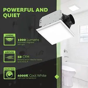7141-80 Bathroom Fan Integrated LED Light Ceiling Mount Exhaust Ventilation 1.1 Sones 80 CFM, White