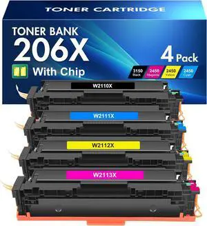 206X Toner Cartridges 4 Pack High Yield MFP M283fdw M283cdw Compatible for HP 206X 206A M255dw Color Pro MFP M283fdw M283cdw M255dw M283 M255 Printer Ink (with Chip, Black Cyan Yellow Magenta)