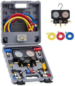 AC Gauges, 3 Way Manifold Gauge Set for R1234yf R404a R134a Refrigerant, Automotive Gauge Set with Hoses Quick Couplers Self Sealing Can Taps for Car Freon Charging & Evacuation