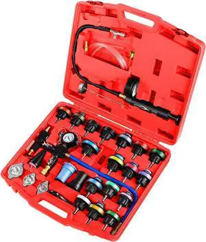 Radiator Coolant Pressure Tester Vacuum Refill Tool Kit, 28PCS Automotive Cooling System Leak Test and Pneumatic Purge Fill Set with Testing Adapter Caps Universal for Airlift Car Auto Truck