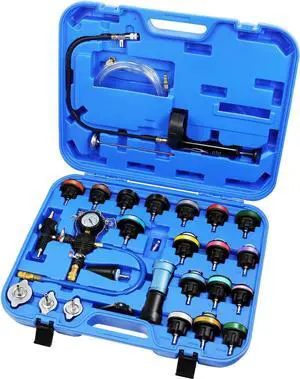 Radiator Pressure Leakage Tester Vacuum Cooling System Purge Coolant Refill Tool Kit 28PCS Universal Automotive Water Tank Leak Test Detector Pneumatic Vacuum Coolant Change Set