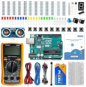 Beginner's Lab Starter Kit with Original  Uno R3 REV3 Board Multimeter Basic to Advance 25 Projects HCSR-04 Sensor Button Temp LED Microcontroller Programming