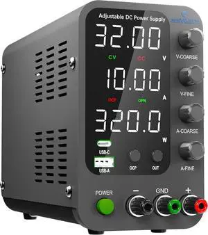 DC Power Supply able, 0-32V 0-10A Switching Bench Power Supply with 20W USB & Type-C Quick-Charge, Encoder Corase & Fine Adjustment Knob, Output Switch, 4-Digit LED Display - SPS-3010V