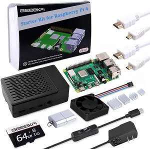 Starter Kit for  4 4GB, with Pi 4, Case, 64GB Card, Card Reader, Cables and 18W USB C Power Supply