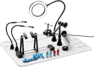 2-in-1 Magnetic Helping Hands, Luxurious Solde Repair Station with Silicone Solde Mat, PCB Circuit Board Holder, 5X LED Magnifying Lamp, Extra Large & Heavy Duty Base Plate, ESD Safe