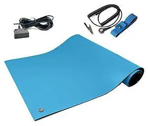 RubberStat Dual Layer ESD Compliant Workstation Rubber Table Mat Kit, Solde, Cell Phone Repair, with Wrist Strap Set and Ground Cord - 24"x48" Blue