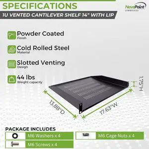 Cantilever Server Shelf Vented Shelves Rack Mount 19 Inch 1U Black 14 Inches (350mm) deep