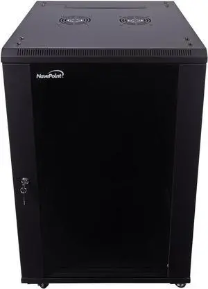 18U Server Cabinet Wall Mount Rack Enclosure with Caster Wheels, 2 Fans, Locking Glass Door, Removable Side Panels  18U Network Cabinet 23.6 Deep, 19 Server Rack for IT Equipment