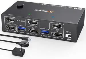 4K@144Hz KVM Switch 2 Monitors 2 Computers 8K@60Hz,  HDMI and Displayport Dual Monitor KVM Switch with 4 USB 3.0 Port for Keyboard Mouse Printer, with Wired Remote, Power Adapter and USB Cables