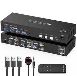 HDMI KVM Switch 2 Monitors 3 Computers 4K60Hz EDID Simulation USB3.0 KVM Switch for 3 Computers Share Dual Monitors and 4 USB Devices with USB Cable and Remote Control