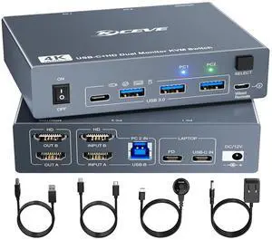 KVM Switch 2 Monitors for 1 Laptop and 1 Desktop 4K@60Hz, USB C HDMI Dual Monitor KVM Switch,Docking Station KVM Switches with 4 USB 3.0 Port, 80W PD Charging, Wired Remote and USB-C Cable Included