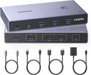 USB-C+HDMI KVM Switch 1 Monitor 2 Computers with 4 USB 3.0 Ports 4K@60Hz Aluminum for 1 Laptop & 1 Desktop Share One Monitor Keyboard Mouse Printer with 1 HDMI Cable+2 Type-C Cables