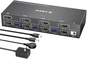 KVM Switch 2 Monitors 3 Computers 4K@60Hz,HDMI USB3.0 KVM Switches with 4 USB 3.0 Port,Wired Remote,Power Adapter and USB3.0 Cables Included(4K 3 PC 2 Monitor KVM)
