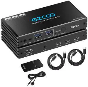 4K@120Hz USB-C HDMI2.1 KVM Switch for 2 Laptops with 2 USB 2.0 Ports L/R MIC Out Share 1 Monitors Keyboard Mouse Hard Drive Printer