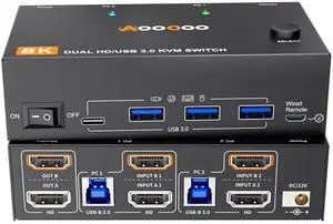 Dual Monitor KVM Switch 8K@60Hz 4K@120Hz HDMI USB 3.0 KVM Switch Extended Display 2 Monitors 2 Computers KVM Switches with USB 3.0 Cables Wired Controller