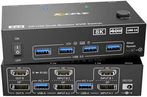 HDMI + Displayport KVM Switch 2 Monitors 2 Computers 8K@60Hz 4K@144Hz,  Dual Monitor KVM Switch with 4 USB 3.0 Port for Keyboard Mouse Printer,Wired Remote,Power Adapter and USB Cables Included