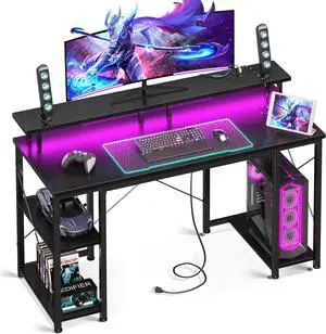 48 inch Gaming Desk with LED Lights & Power Outlets, Computer Desk with Monitor Stand & Storage Shelves, CPU Stand, Home Office Desk, Black