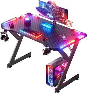 40 INCH Gaming Desk with LED Lights, Home Office Gamer Desk, Ergonomic Computer Table with Large Carbon Fiber Desktop, Office Workstation, Cup Holder & Headphone Hook, Black