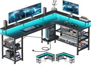 66" L Shaped Gaming Desk with Power Outlet and LED Lights, PC Gaming Table with Carbon Fiber Texture, Reversible L Shape Desk with Storage Shelves & Monitor Stand, Home Office Desk, Black