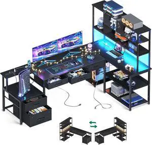 79 inch L Shaped Desk with File Drawers, Reversible L Shaped Gaming Desk with Power Outlets & LED Lights, Computer Desk with Storage Shelves for Home Office, Black