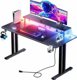 47 Inch Gaming Desk with 5 Sockets & LED Lights, Computer Gamer Desk with Monitor Stand, Ergonomic Carbon Fiber Gaming Table Home Office Desk with Cup Holder, Headphone Hook & Mouse Pad