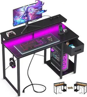 Gaming Desk with LED Lights & Power Outlet, 40 Inch Computer Desk with Drawer, Reversible Desk with Monitor Shelf & Headphone Hook for Home Office, Black