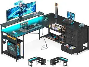 61" L Shaped Desk with Drawer, Computer Desk with Power Outlets & LED Lights, Reversible Corner Gaming Desk for Home Office Workstation, Office Desk with Monitor Shelf, Pure Black