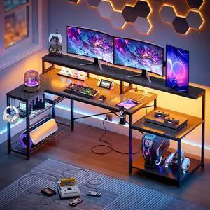 Bestier LED Gaming Desk with Power Outlets, 71 inch L Shaped Computer Desk with Monitor Stand, Large Desk with Printer Stand Adjustable Shelf, Cup Holder & Hooks, Home Office Desk Black