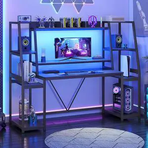 Gaming Desk 65.7'' with LED Lights, Hutch and Storage Shelves, Computer Desk with Monitor Stand, Large PC Gamer Desk Workstation, Ergonomic Gaming Table for Bedroom, Living Room, Black